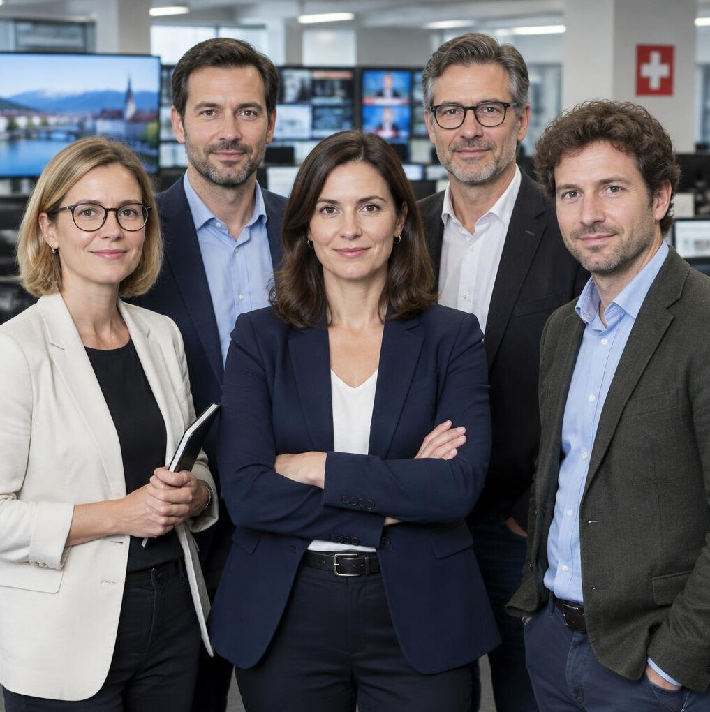 Group of journalists standing together in a newsroom