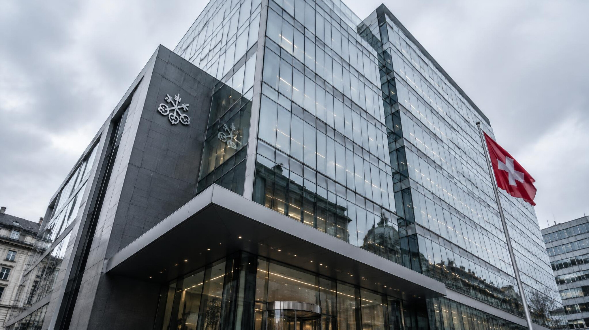 Modern glass bank headquarters building facade