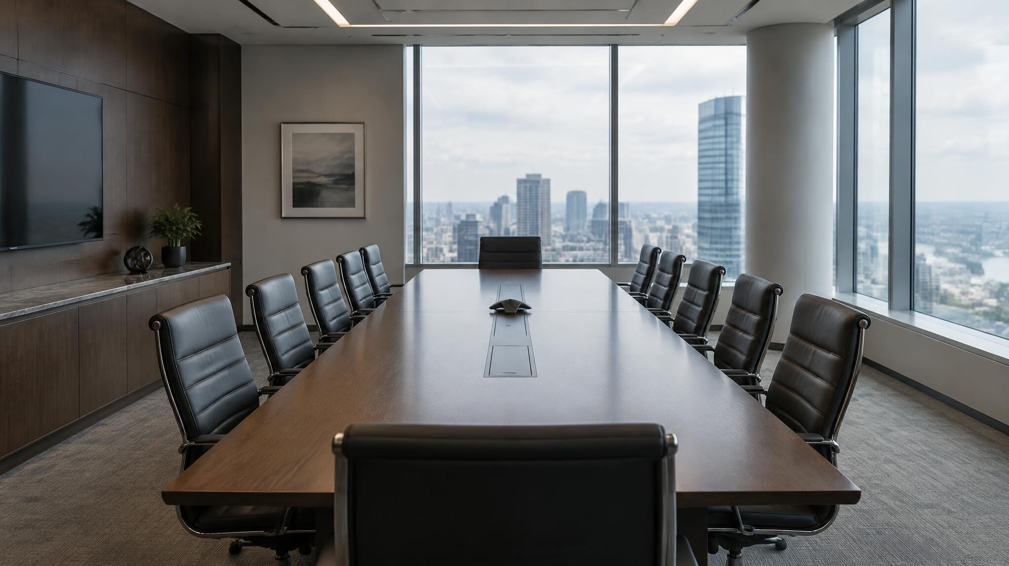Formal meeting room table with chairs prepared for a discussion